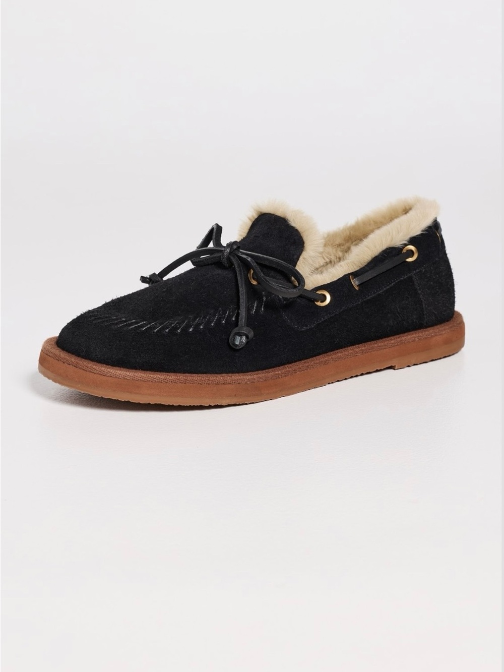 FARM Rio Black Suede Shearling-Trim Moccasin with Tan Sole